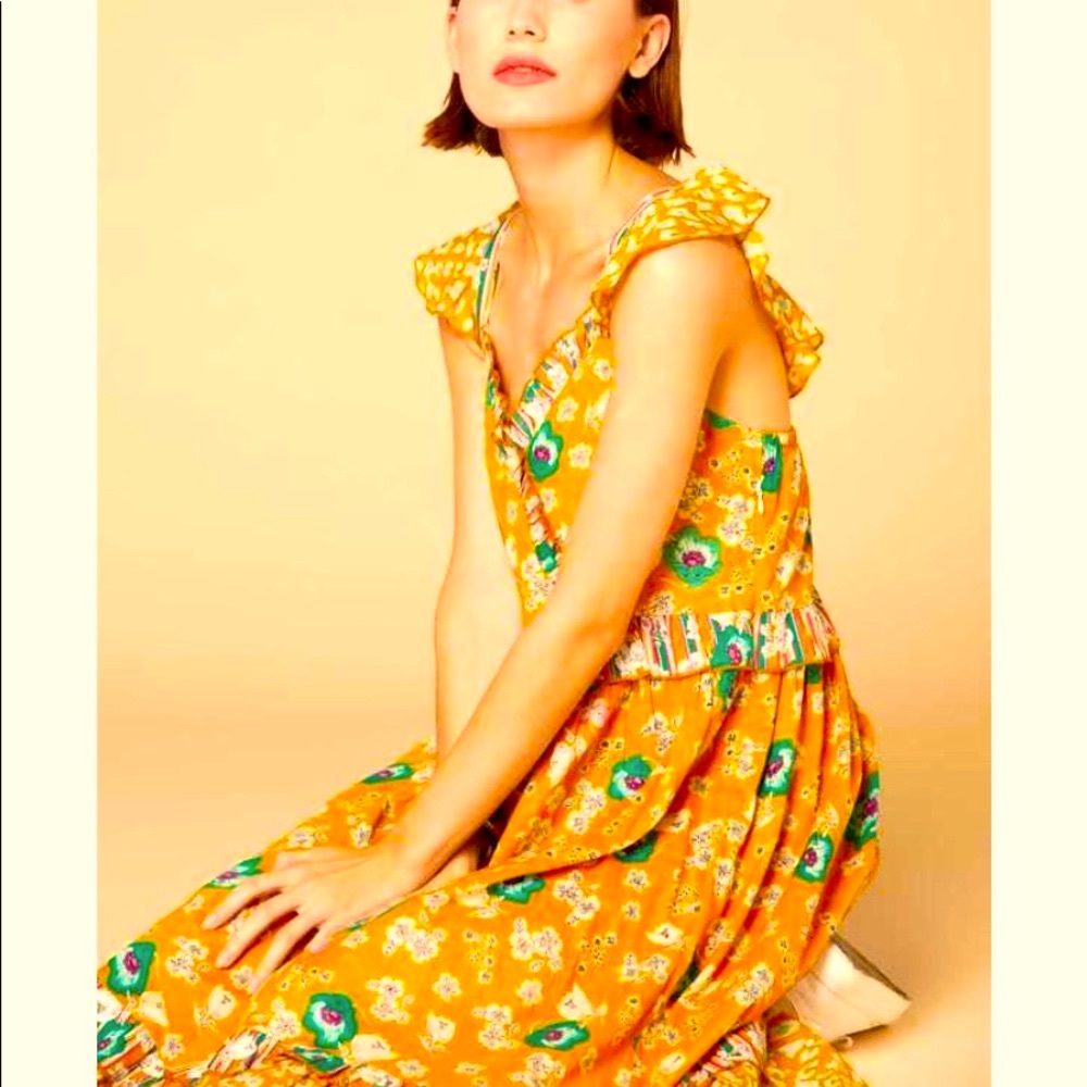 Anthro Derhy Mustard Gold Garden Floral Leopard Ruffle Midi Maxi Dress - Picture 4 of 10